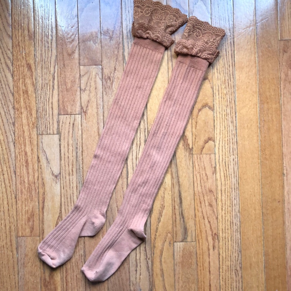 Copper colored boot socks with lace top